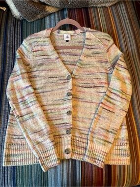CAbi Cream Multicolor Speckled V-Neck Button Cardigan